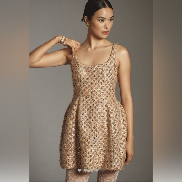 Anthropologie Tweed Fit and Flare Mini Dress with Gold Accents - Picture 4 of 8